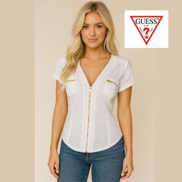 Guess Short Sleeve Gold All The Way Zip Up Top - Picture 1 of 12